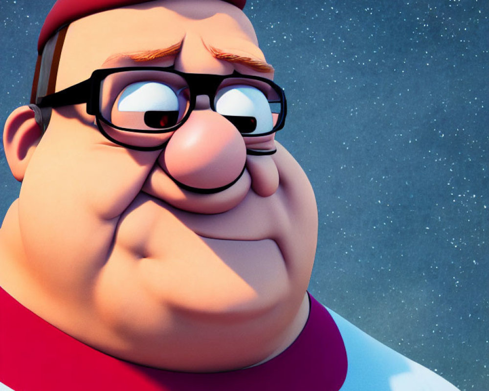 Elderly animated character with glasses and red vest on starry background