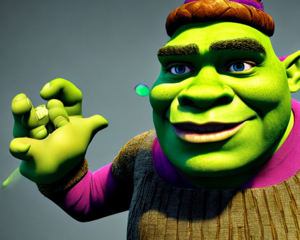 Green-skinned ogre in brown vest gesturing on grey background