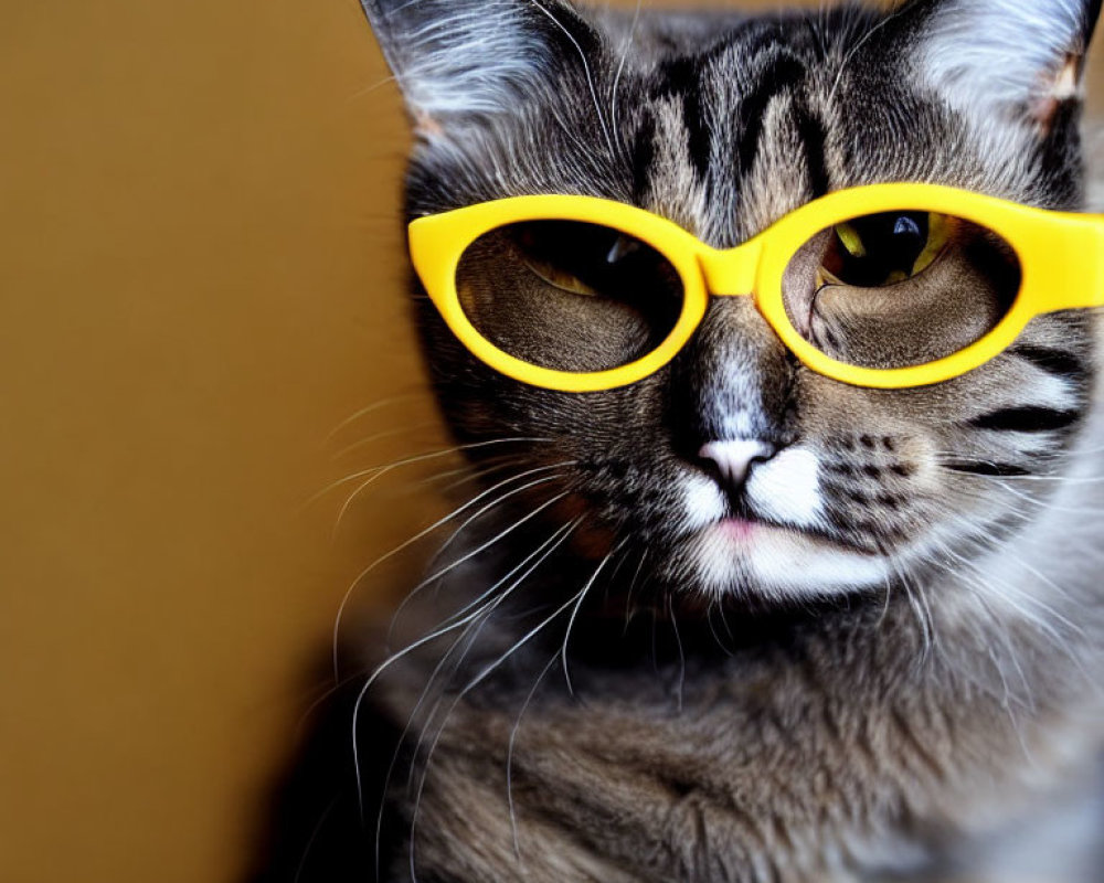 Tabby cat wearing yellow sunglasses on warm background