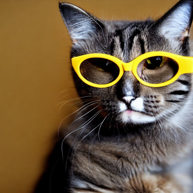 Tabby cat wearing yellow sunglasses on warm background