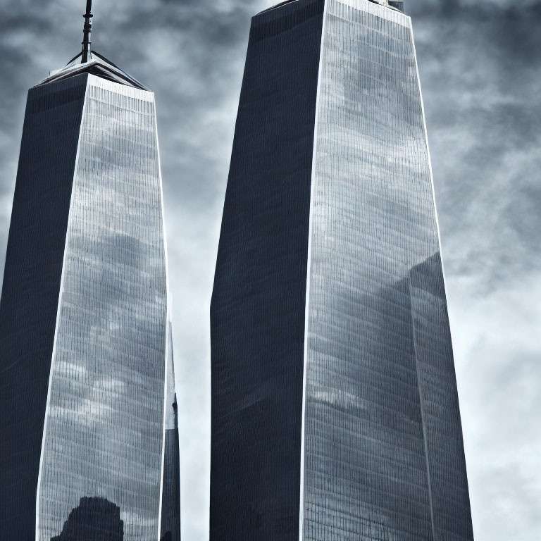 Twin skyscrapers with reflective glass facades under overcast sky