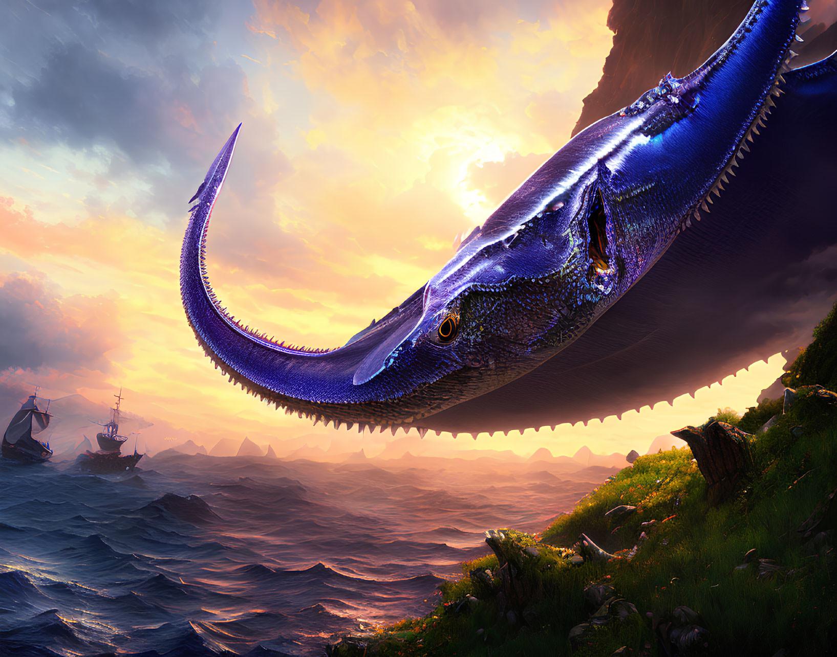 Enormous Blue Sea Serpent Emerges in Ocean Sunset