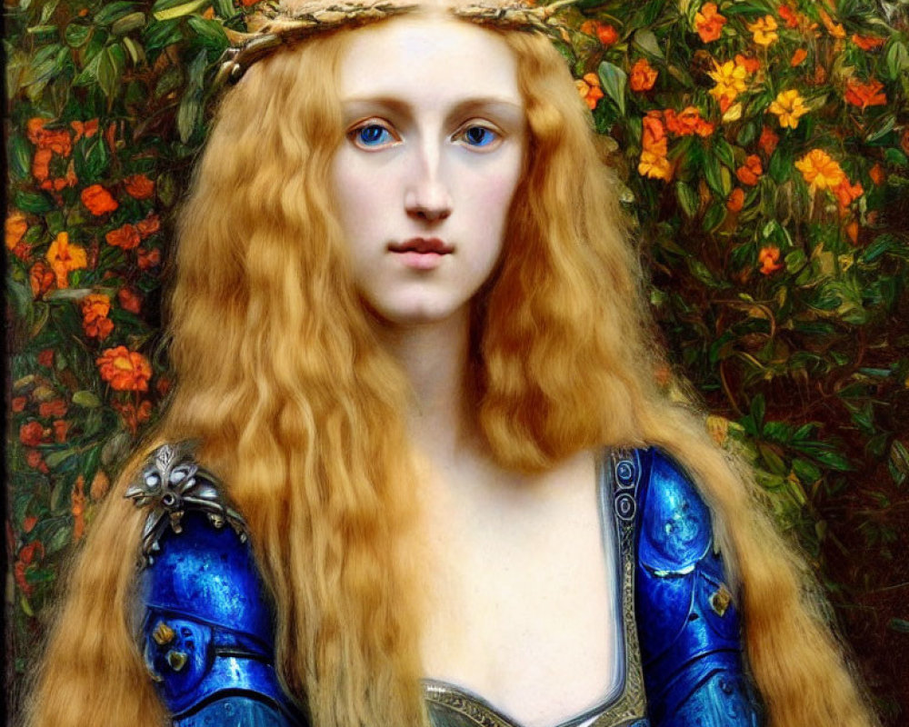 Woman with Red Hair and Blue Eyes in Medieval Dress and Laurel Wreath Among Orange Flowers