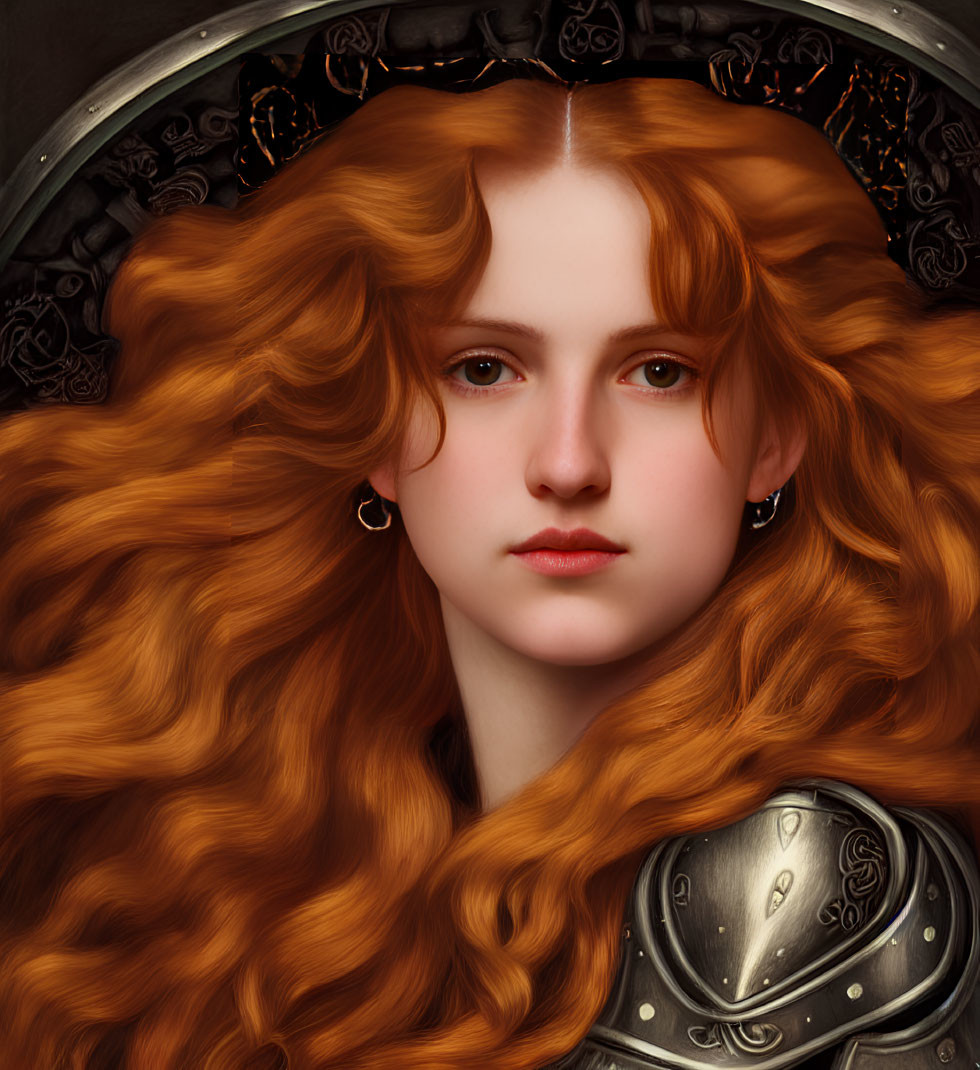 Portrait of Young Woman with Red Hair and Silver Armor on Dark Background