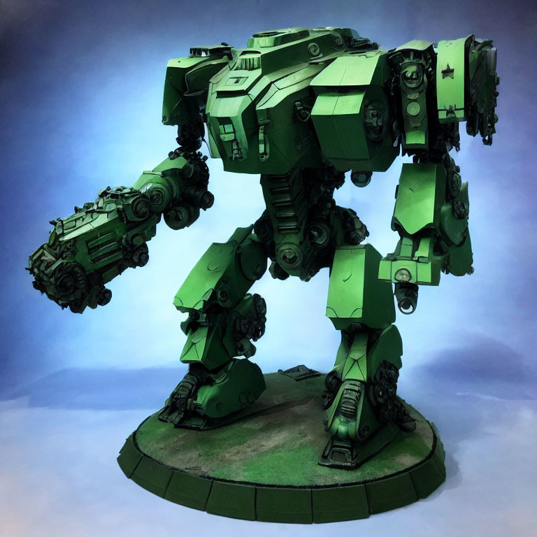 Green Mech Robot Model with Heavy Armor and Cannon on Right Arm on Blue Backdrop