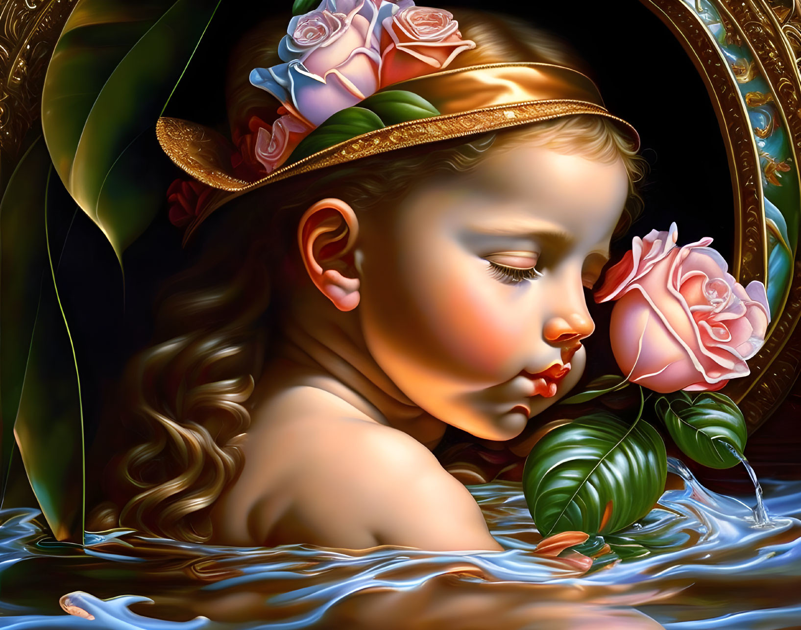 Surreal portrait of young girl with roses in water