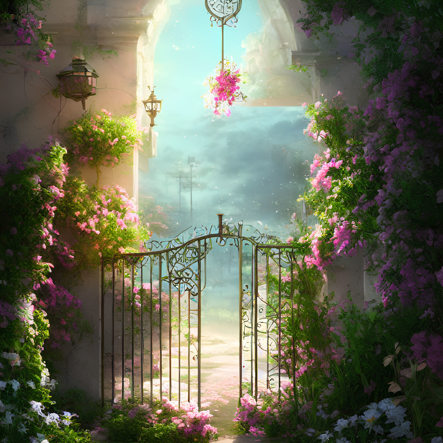 Pink Flower Adorned Garden Gateway Leading to Ethereal Landscape