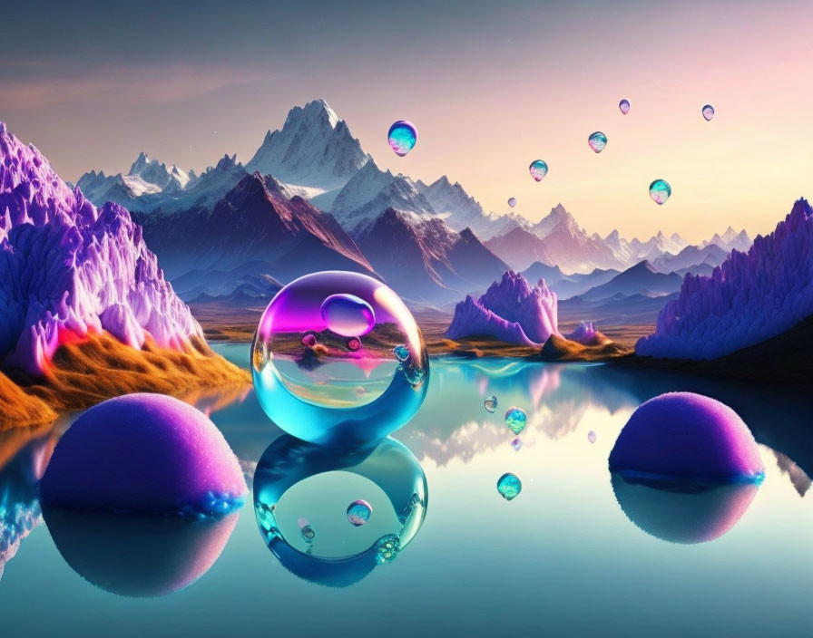 Vivid landscape with floating bubbles, reflective surface, purple mountains, luminous sky