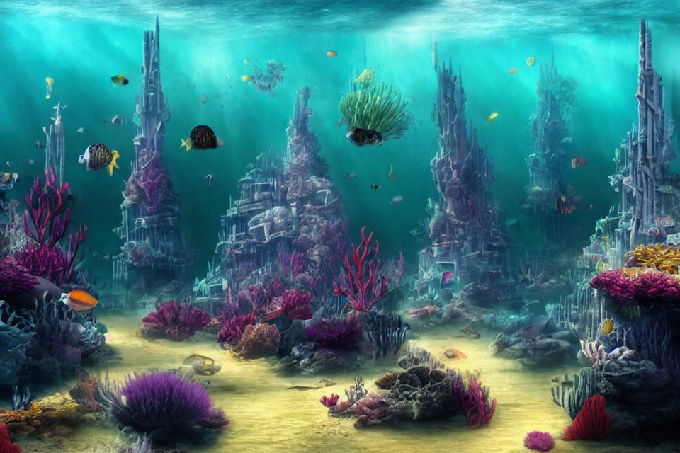 Vibrant coral, fish, and ruins in underwater scene