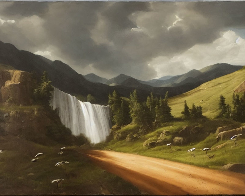 Scenic pastoral landscape with waterfall, dirt path, mountains, sheep, and clouds