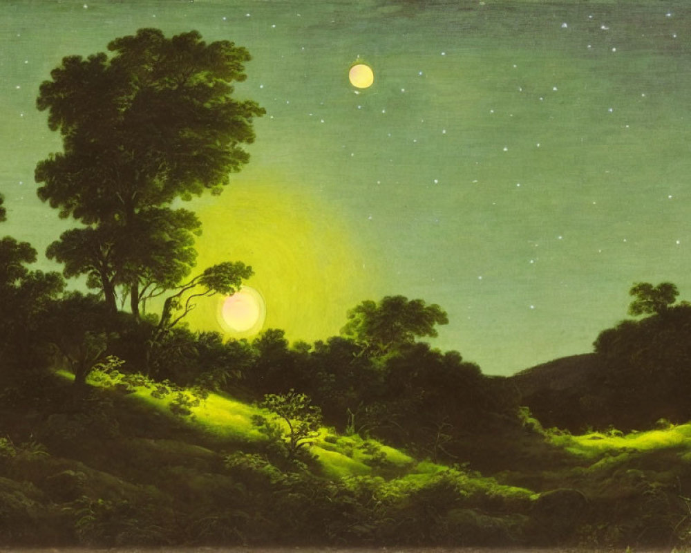 Serene Night Landscape with Moon, Stars, and Fireflies