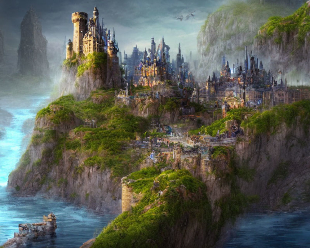 Majestic fantasy landscape with castles, waterfalls, river, and lush cliffs