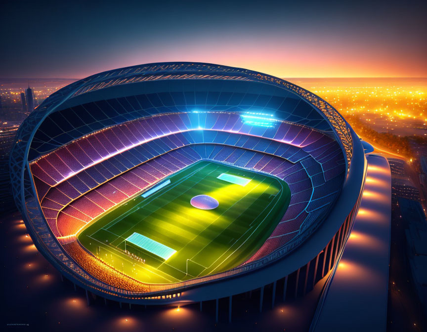 Vibrant sunset illuminates stadium cityscape and empty pitch