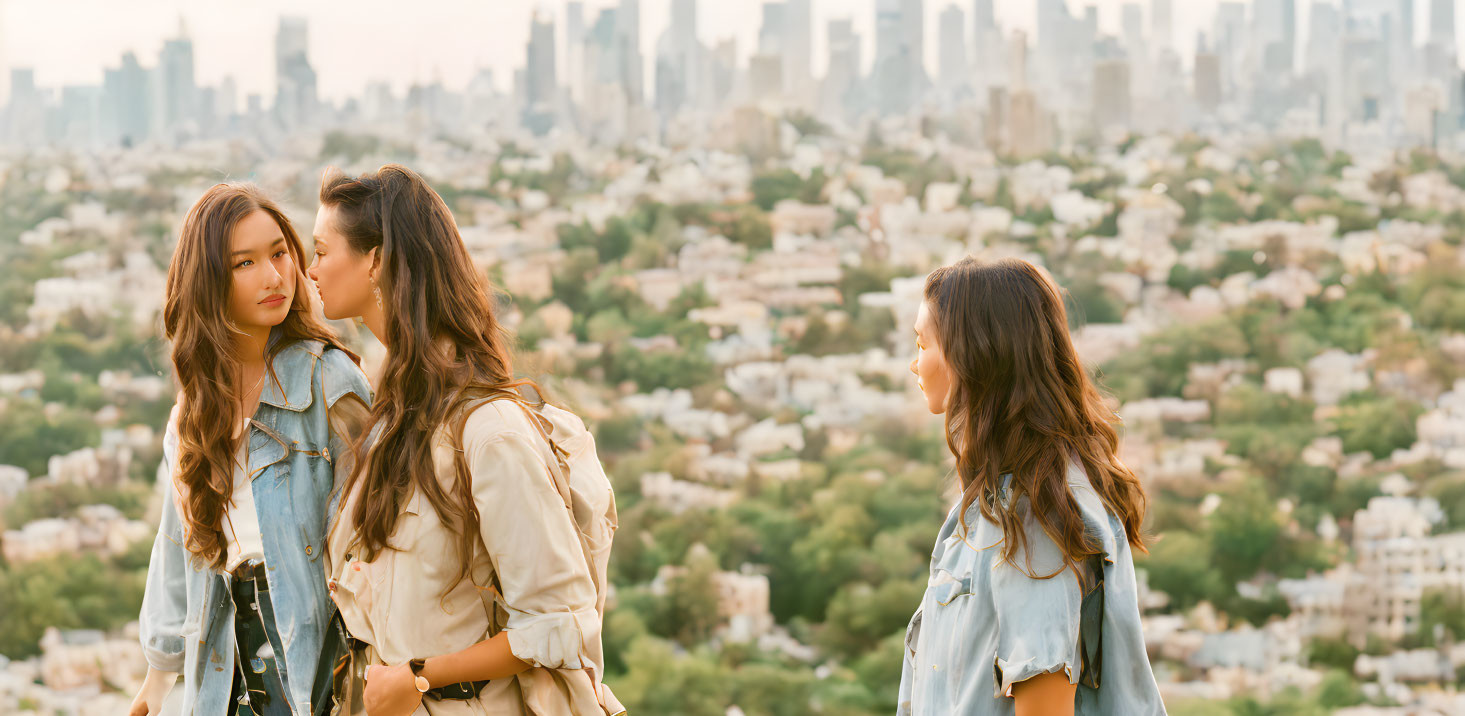 Three Women Outdoors with Cityscape Background