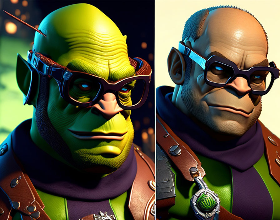 Stylized animated characters: Green and human-toned with glasses, headphones, and futuristic outfits