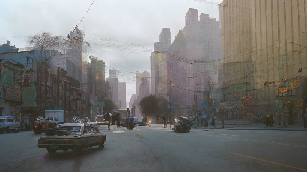 City street scene with sunlight through mist, cars, tall buildings.