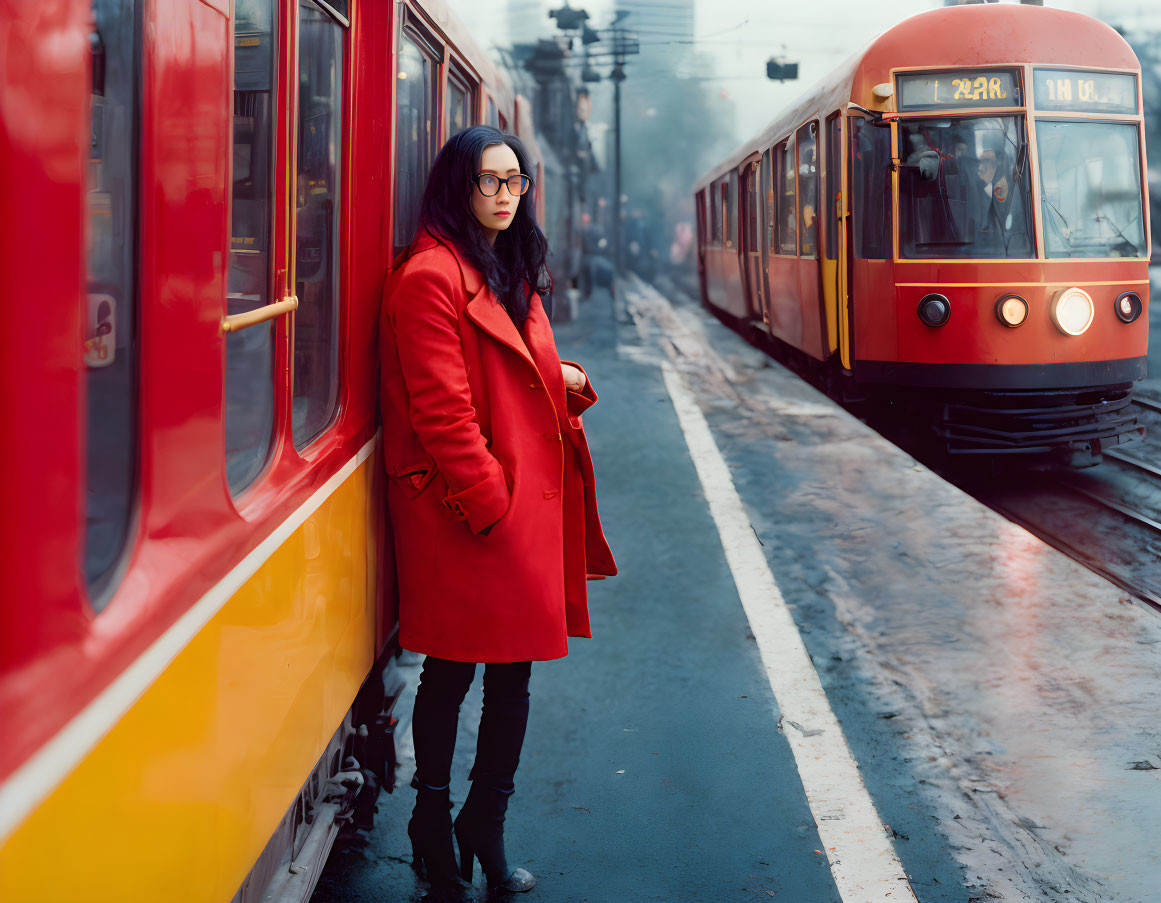 Woman in red coat and glasses between two trains at foggy station