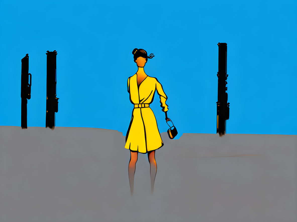 Stylized illustration of person in yellow dress walking with handbag against blue background