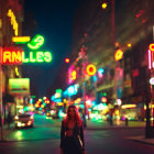 Two women in black and yellow dresses on city street at night