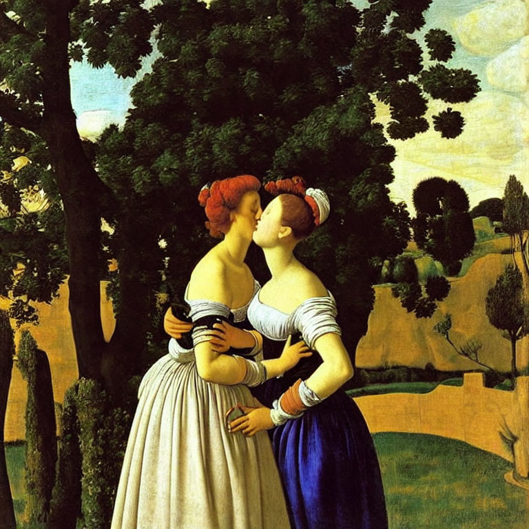 Renaissance women kissing in pastoral landscape