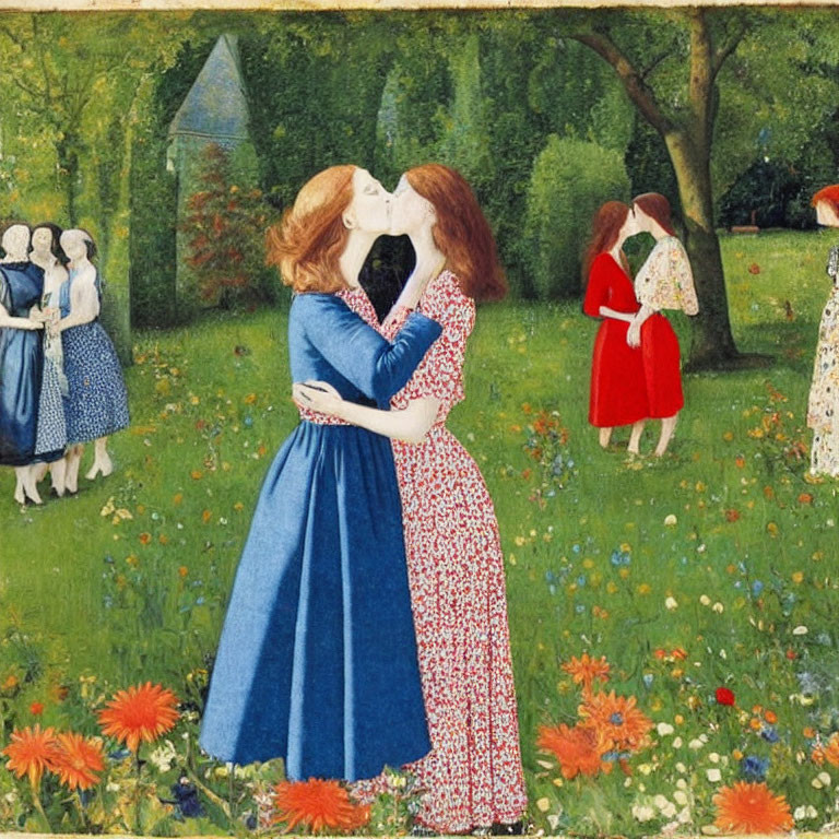 Two women embracing in a meadow with a group of people under a tree