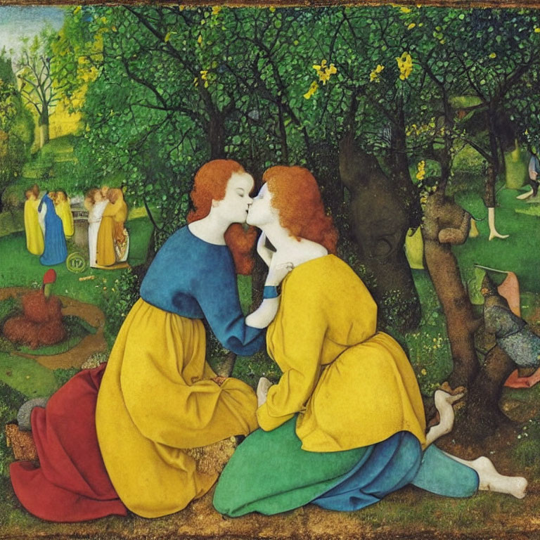 Medieval-themed painting: Two women kissing in garden