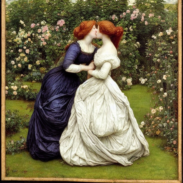 Vintage Dresses: Women Embrace & Kiss in Rose-Filled Garden