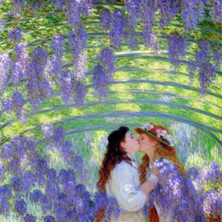 Two women kissing in lavender field painting with vibrant purple hues