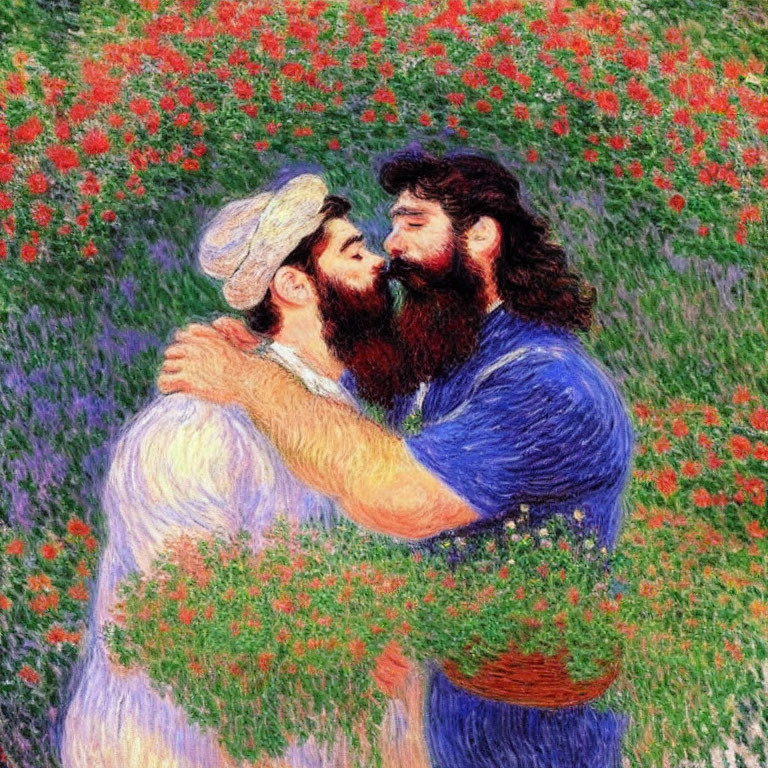 Bearded men embracing in field of red flowers, pointillist painting style