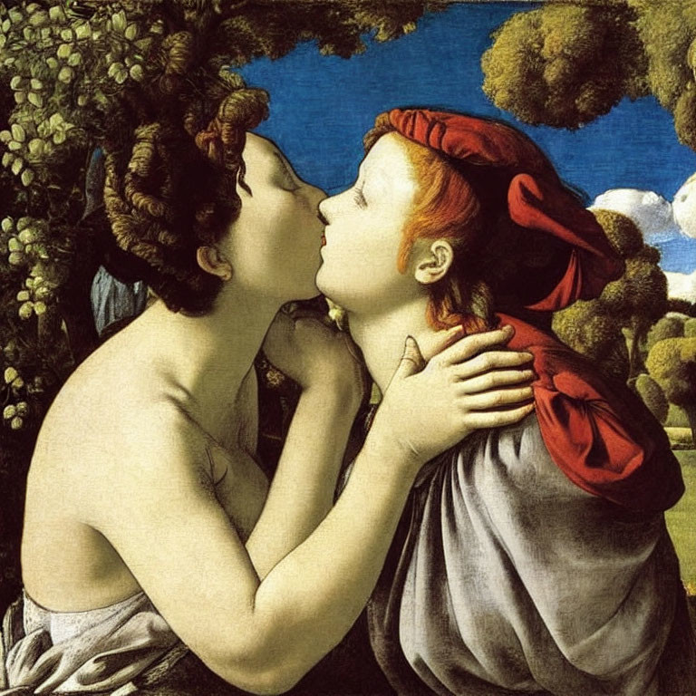 Figures kissing in pastoral landscape with red cap and gray cloak.