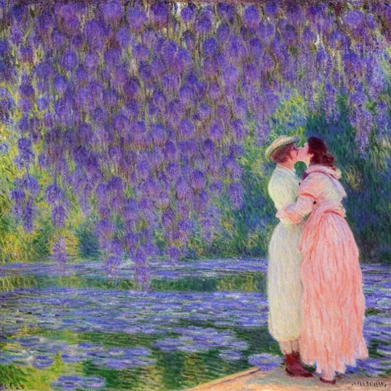 Two women in period attire under wisteria blooms by a pond in vivid strokes