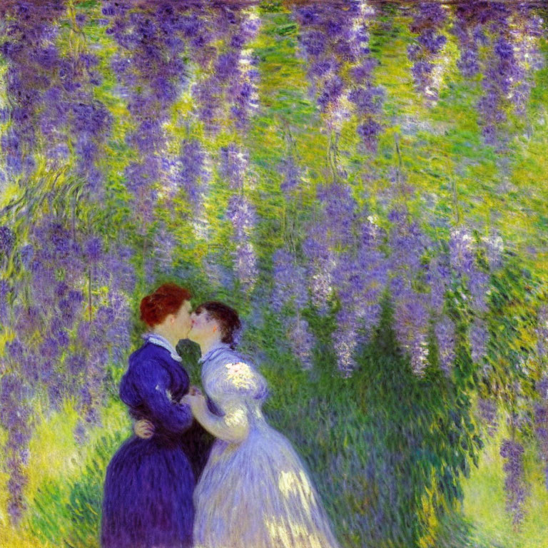 Impressionist painting of couple kissing among purple flowers