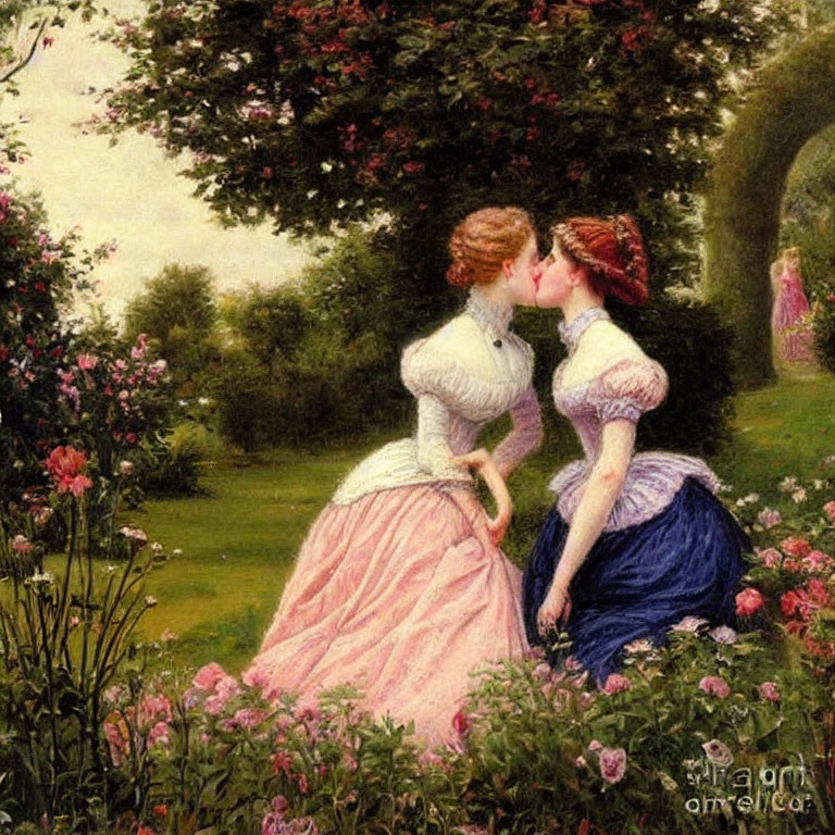 Victorian women kissing in blooming garden