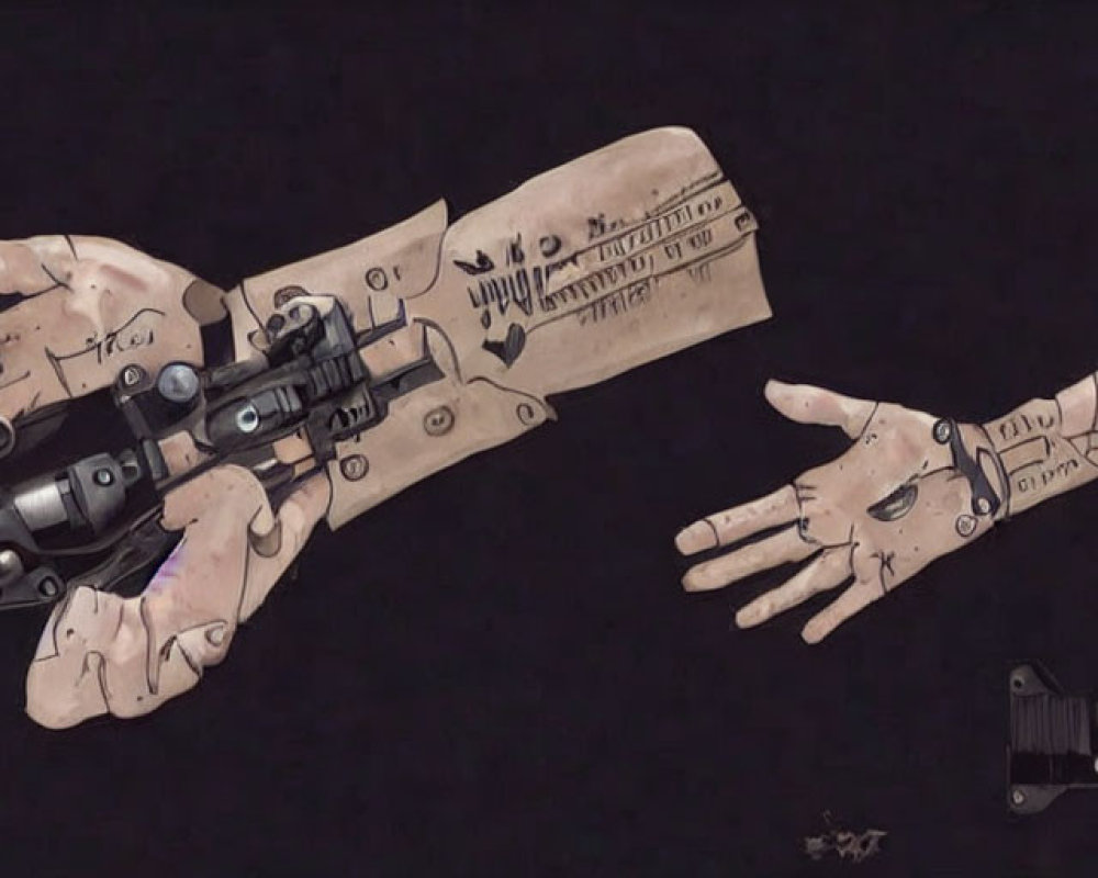 Sketch of futuristic firearm disassembled on hands, notes, dark background