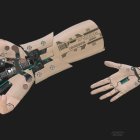 Sketch of futuristic firearm disassembled on hands, notes, dark background