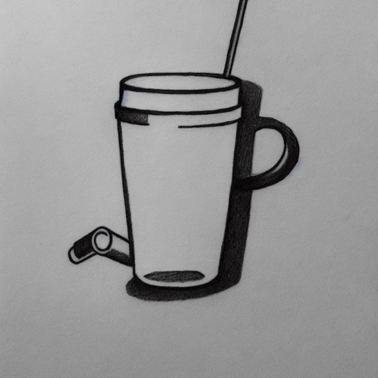 Pencil-drawn travel mug with lid, spoon, and whimsical falling handle