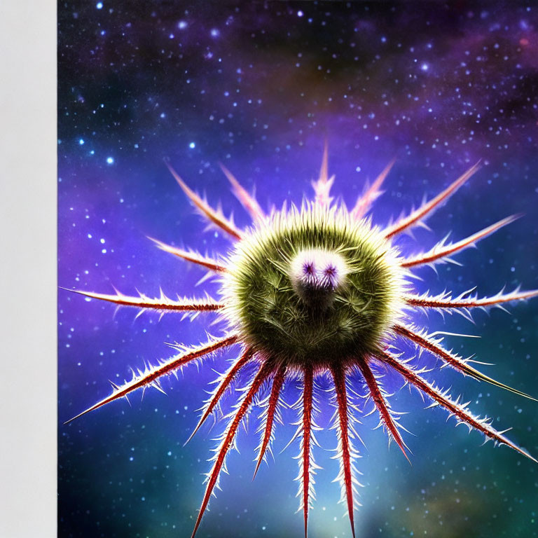 Colorful digital artwork: Spiky spherical entity in cosmic scene