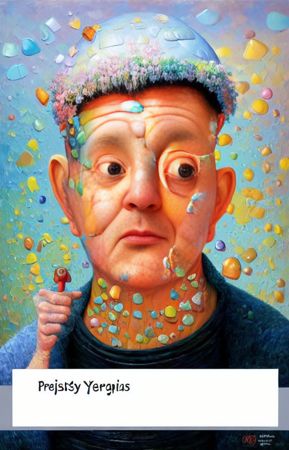 Colorful illustrated portrait of elderly person with exaggerated forehead and whimsical aura