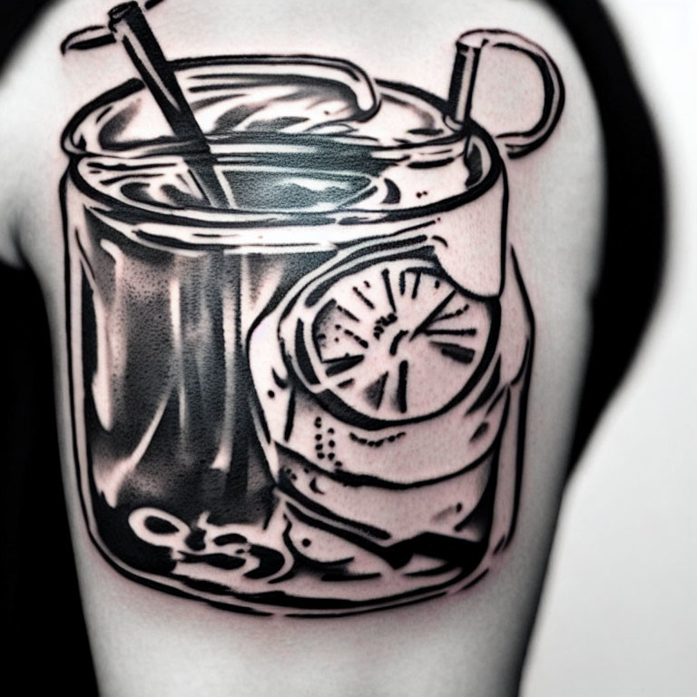 Monochrome hyper-realistic crushed soft drink can tattoo with straw and lemon slice