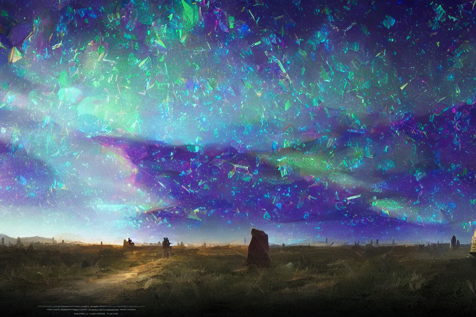 Vibrant surreal landscape with starry sky, travelers, monoliths, and cosmic phenomenon