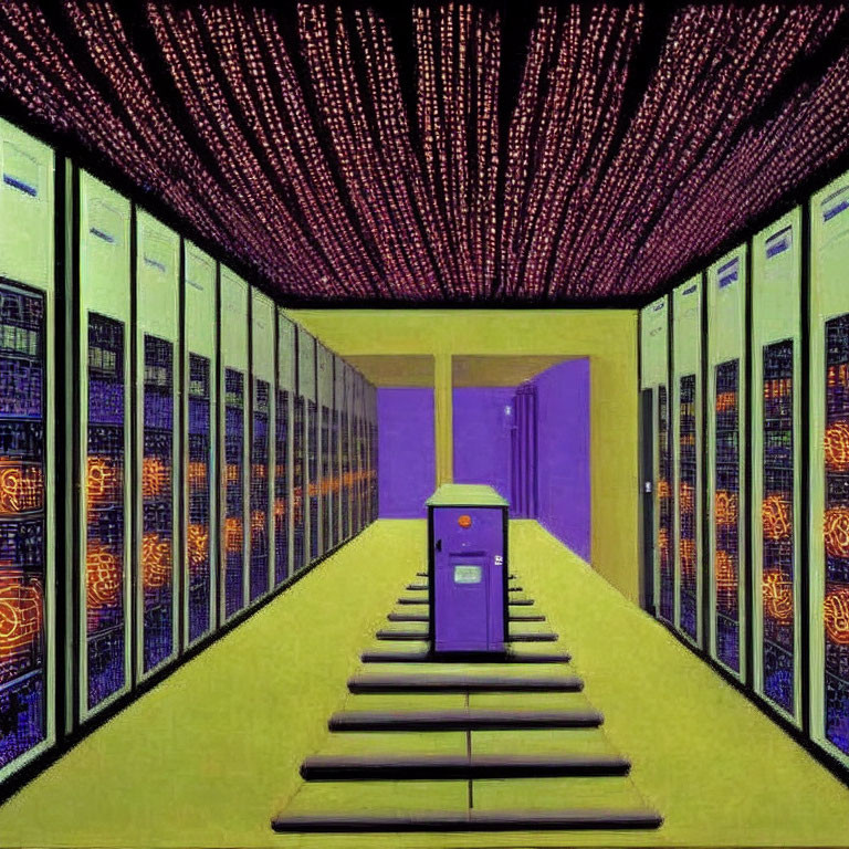 Colorful Server Room with Yellow Floors and Purple Walls