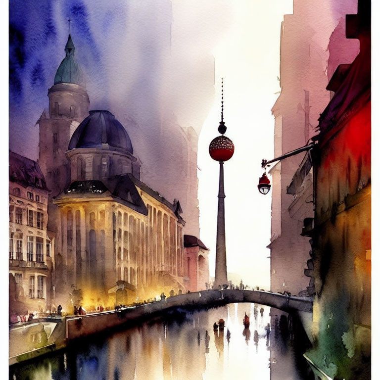 Cityscape Watercolor Painting with River, Dome Building, Spire, and People Reflections