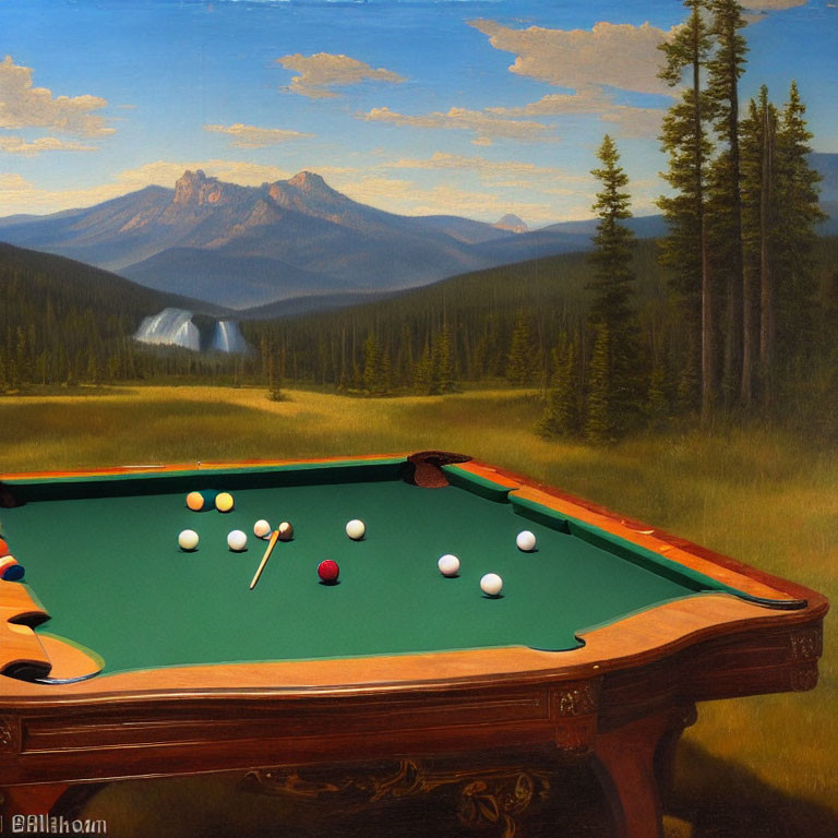 Surreal painting of billiard table in forest landscape