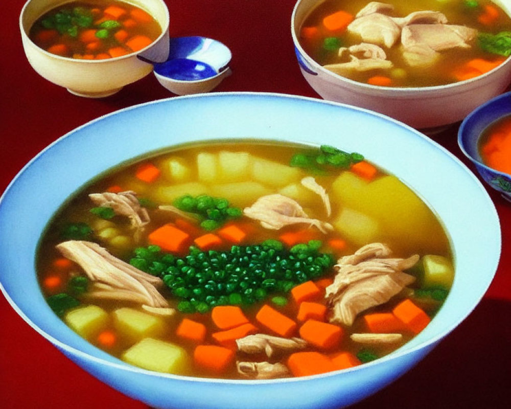 Colorful Chicken Soup Bowls with Vegetables and Chicken Chunks