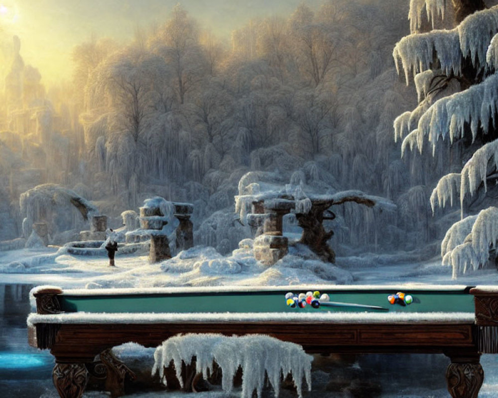 Snow-covered Pool Table and Frozen Pond in Surreal Winter Landscape