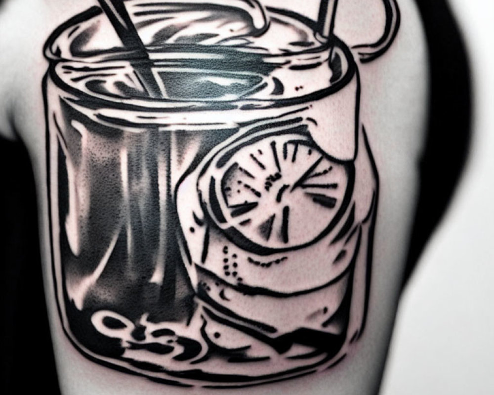 Monochrome hyper-realistic crushed soft drink can tattoo with straw and lemon slice