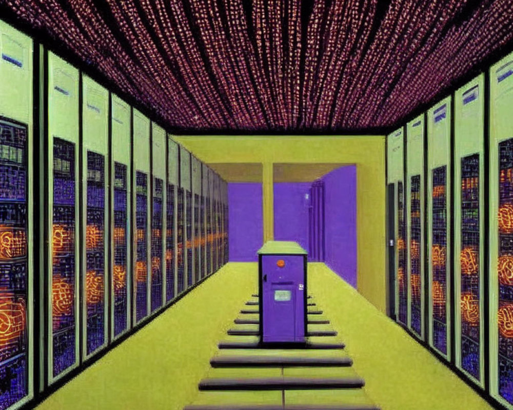 Colorful Server Room with Yellow Floors and Purple Walls