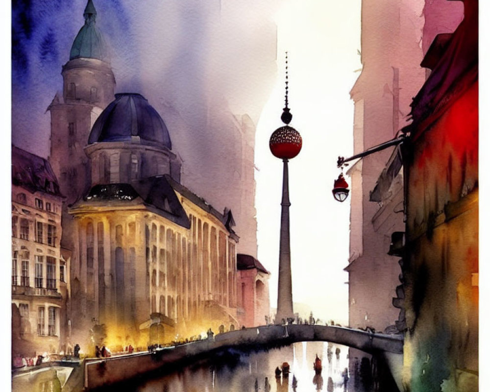 Cityscape Watercolor Painting with River, Dome Building, Spire, and People Reflections