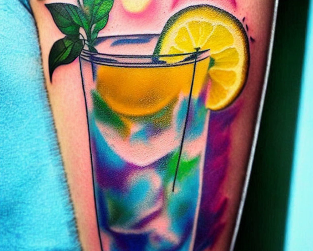 Vibrant cocktail glass tattoo with lemon slice and mint leaves on forearm