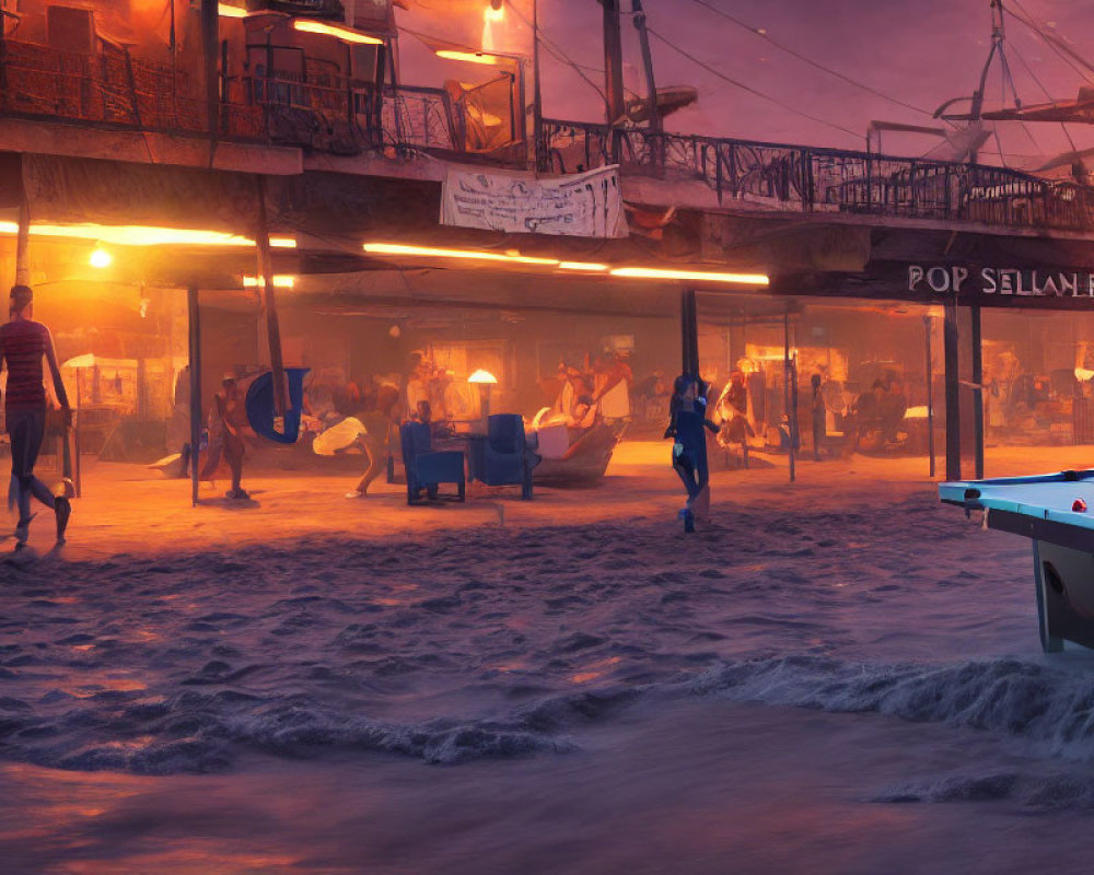 Floodlit street scene with water, people wading, pool table in surreal dystopian setting